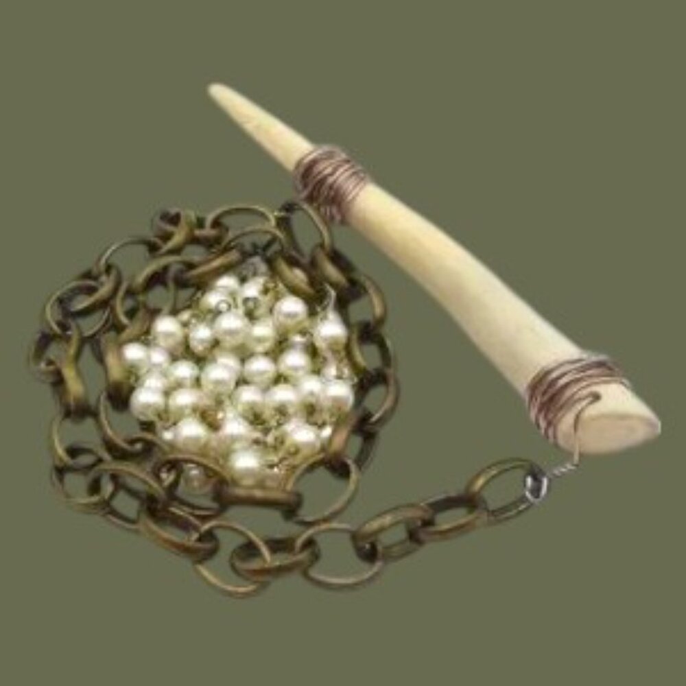 Vintage Artisan Made Bone, Chain, & Faux Pearl Necklace Goth Steampunk Unisex